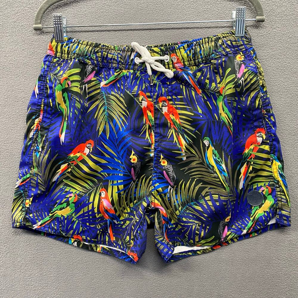 Native Youth Swim Trunks Shorts Mens 32 Blue Tropical Macaw Parrot Bird Pockets
